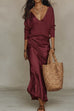 Febedress V Neck Drop Shoulder Sweater and Satin Maxi Cami Dress Set