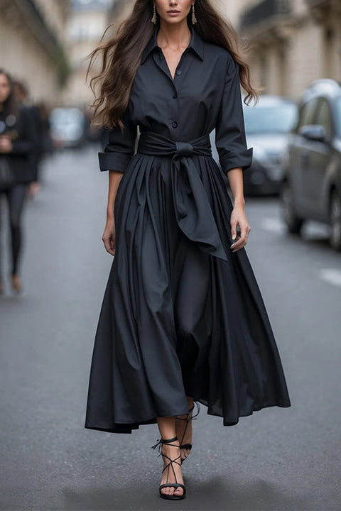 Febedress Long Sleeves Button Up Bow Waist Maxi Dress