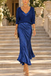 Febedress V Neck Drop Shoulder Sweater and Satin Maxi Cami Dress Set (E)