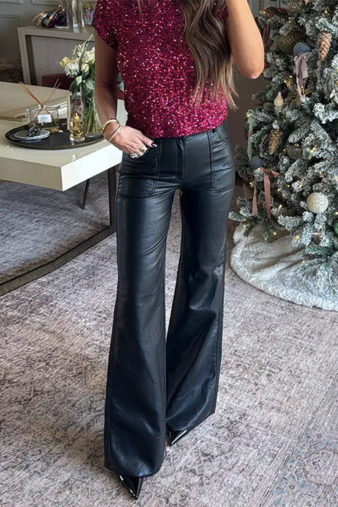High Waist Faux Leather Pocketed Bell Bottom Pants