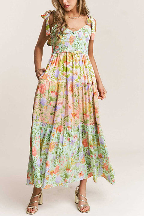 Febedress V Neck Bow Shoulder Tiered Floral Print Maxi Dress