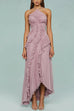 Febedress Strappy Halter Neck Ruffle Trim Asymmetric Hem Pleated Maxi Dress
