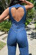 Febedress Zip Up Sleeveless Heart Back Bell Bottom Denim Jumpsuit