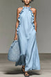 Febedress Sleeveless Linen Blend Ruffle Pocketed Maxi Dress