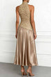 Mockneck Sleeveless Lace Splice Satin Maxi Dress
