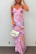 Febedress Spaghetti Strap Backless Ruffle Trim Printed Maxi Dress