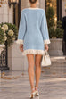 Febedress V-Neck Contrast Trim Fringe Knit Sweater Dress (A)