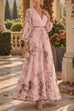 Febedress V Neck Lantern Long Sleeves Floral Print Pleated Maxi Dress (B)