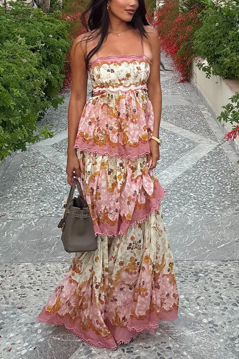 Febedress Spaghetti Strap Back Lace-up Ruffle Layered Floral Print Maxi Dress