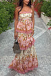 Febedress Spaghetti Strap Back Lace-up Ruffle Layered Floral Print Maxi Dress