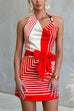 Halter Cowl Neck Bow Waist Striped Satin Mini Dress
