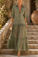 Febedress Lapel Long Sleeves Organza Splice Ruffle Denim Maxi Dress