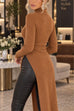 Maillard Turtleneck High Slit Ribbed Knit Dress (A)