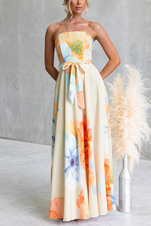 Strapless Bow Waist Floral Print Swing Maxi Dress