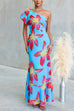 One Shoulder Puff Short Sleeve Floral Print Maxi Dress