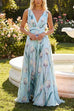 Deep V Neck Sleeveless Floral Print Swing Maxi Dress