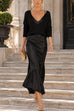 Febedress V Neck Drop Shoulder Sweater and Satin Maxi Cami Dress Set (E)