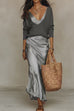 Febedress V Neck Drop Shoulder Sweater and Satin Maxi Cami Dress Set