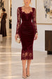 Febedress V Neck Long Sleeves Lace Splice Velvet Bodycon Midi Dress