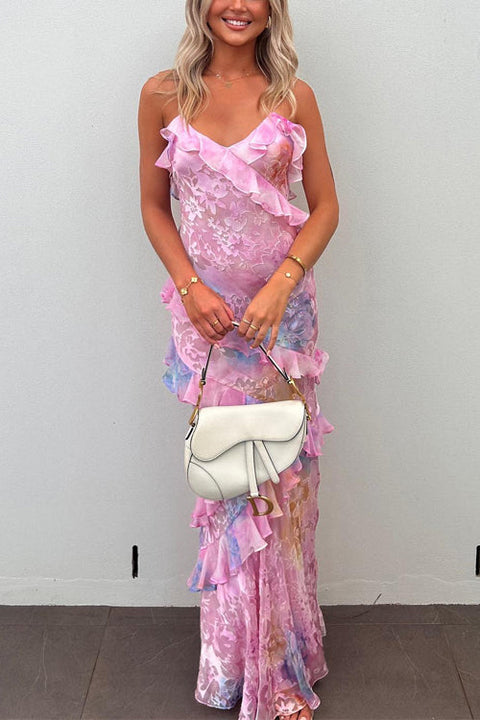 Febedress Ruffle Trim Open Back Printed Maxi Cami Dress