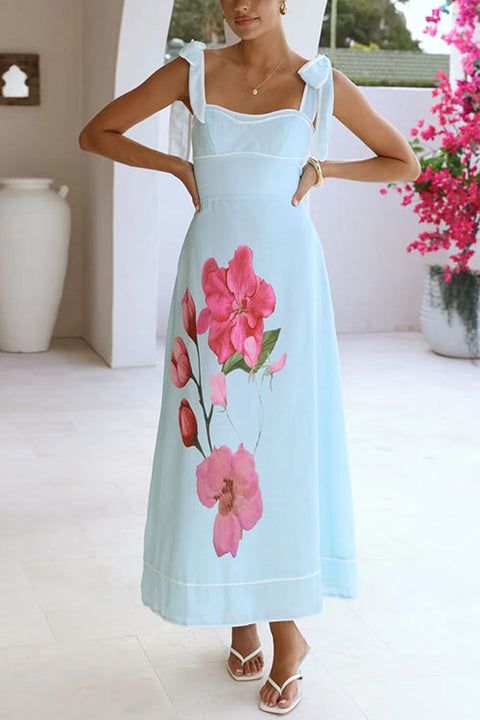 Bow Shoulder Sleeveless Floral Print Swing Maxi Dress