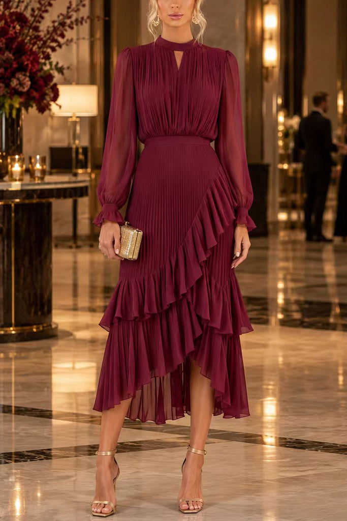 Febedress Mock Neck Sheer Sleeve Pleated Ruffle High-Low Midi Dress (B)