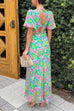 V Neck Puff Sleeves Tie Back Floral Print Maxi Dress