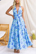 Halter Neck Backless Waisted Floral Print Swing Maxi Dress