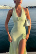 Febedress Halter V Neck Backless Slit Rose Applique Knit Maxi Dress