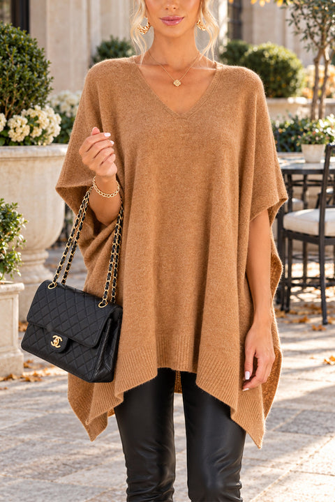 V Neck Loose Fit Solid Poncho Sweater (A)