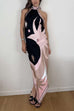 Febedress Halter Neck Open Back Asymmetric Hem Printed Satin Midi Dress