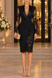 Febedress V Neck Long Sleeves Back Slit Lace Patchwork Bodycon Dress