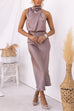High Neck Sleeveless Waisted Satin Midi Dress