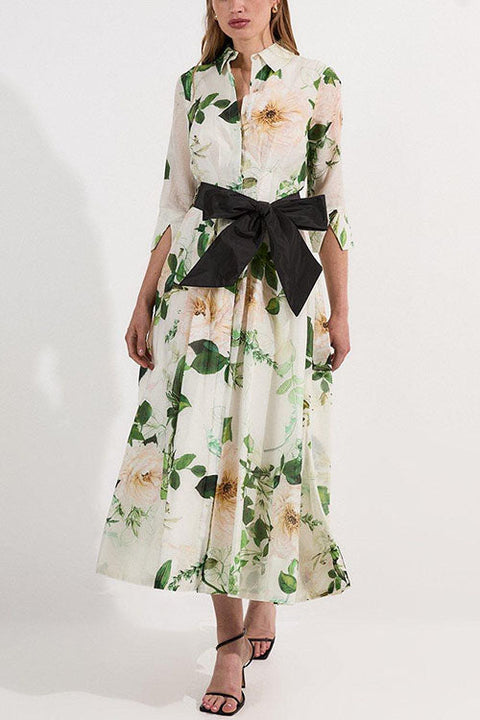 3/4 Sleeves Button Up Wild Rose Print Shirt Maxi Dress