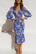 Febedress V Neck Lantern Sleeve Printed Ruffle Dress