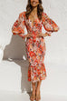 Febedress V Neck Lantern Sleeve Printed Ruffle Dress