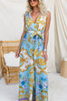 V Neck Sleeveless Bow Waist Floral Print Wide Leg Jumpsuit