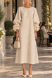 Febedress Floral Applique Puff Sleeve A-Line Midi Dress