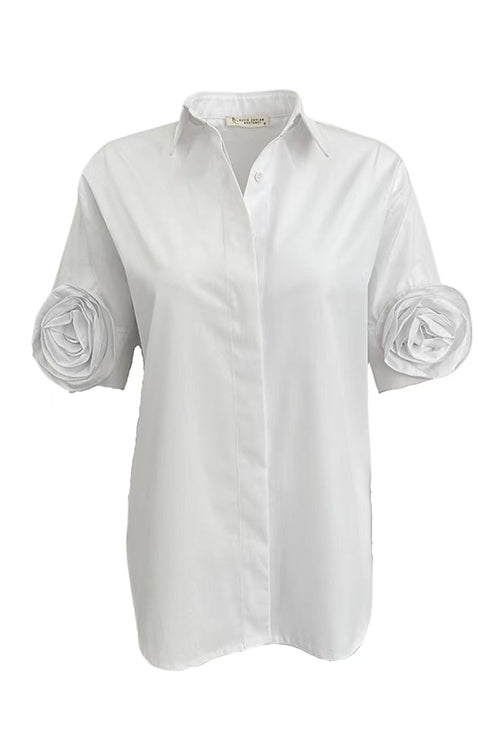 Collared Short Sleeves Button Down Flower Detail Shirt