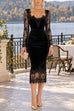 Febedress V Neck Long Sleeves Lace Splice Velvet Bodycon Midi Dress
