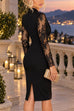 Febedress V Neck Long Sleeves Back Slit Lace Patchwork Bodycon Dress
