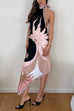 Febedress Halter Neck Open Back Asymmetric Hem Printed Satin Midi Dress