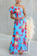 One Shoulder Puff Short Sleeve Floral Print Maxi Dress