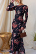 Round Neck Long Sleeves Floral Print Maxi Dress