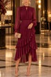 Febedress Mock Neck Sheer Sleeve Pleated Ruffle High-Low Midi Dress (E)