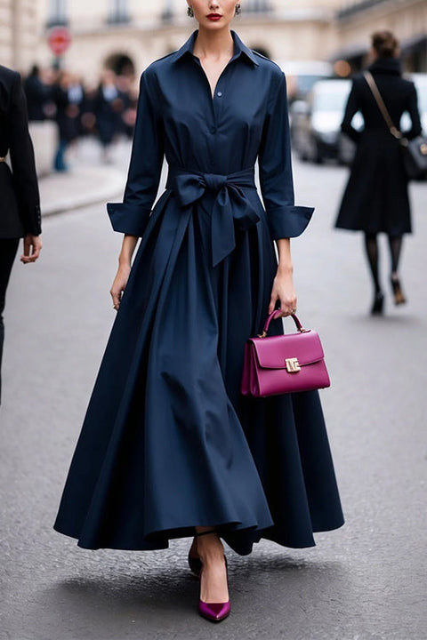 Febedress Lapel Long Sleeves Button Up Tie Waist Maxi Dress