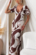 V Neck Puff Short Sleeves Printed Maxi Dress