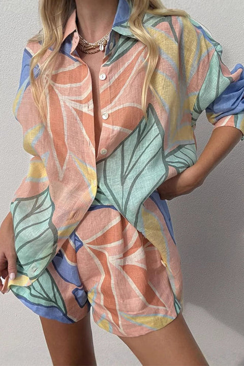 Febedress Unique Print Long Sleeves Button Up Shirt and Pocketed Shorts Linen Set