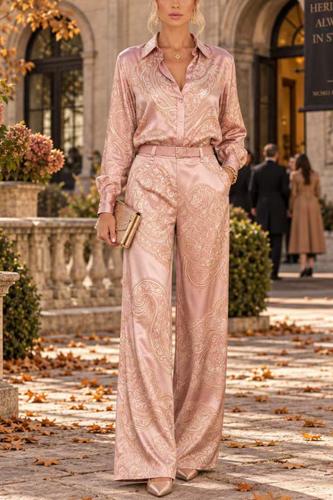 Febedress Lapel Long Sleeves Shirt High Rise Pocketed Straight Leg Pants Paisley Print Set (B)