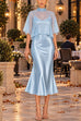 Febedress Mock Neck Chiffon Cape Overlay Satin Midi Dress Set (D)
